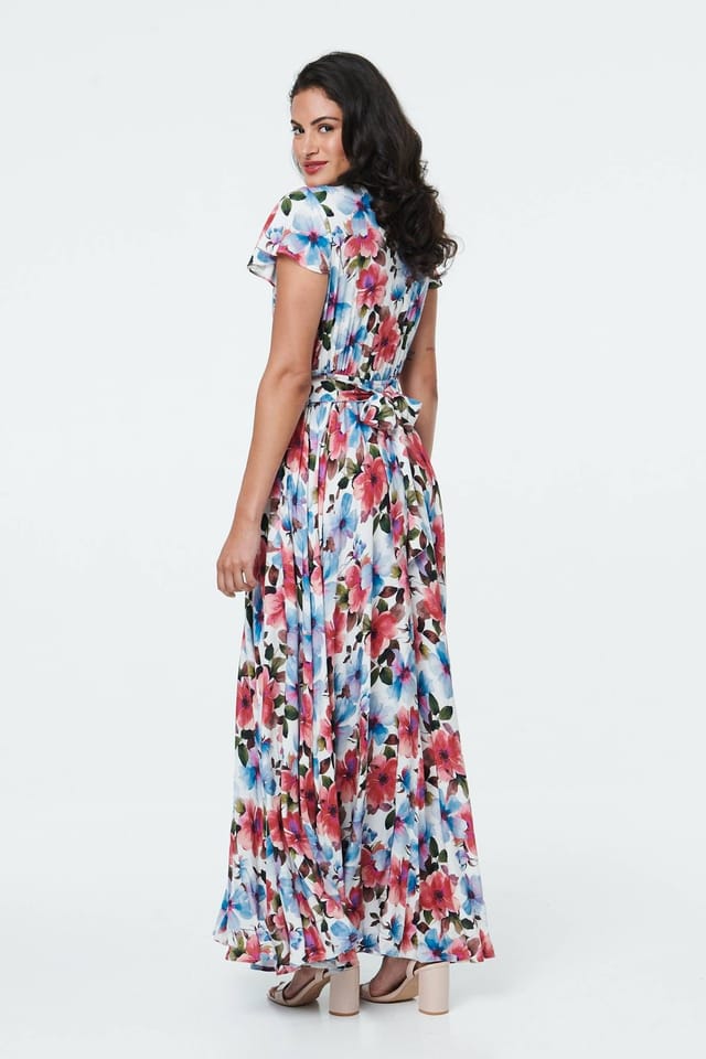 Izabel London Izabel London Women's Floral Cap Sleeve Tie Waist Maxi Dress in Pink - 3