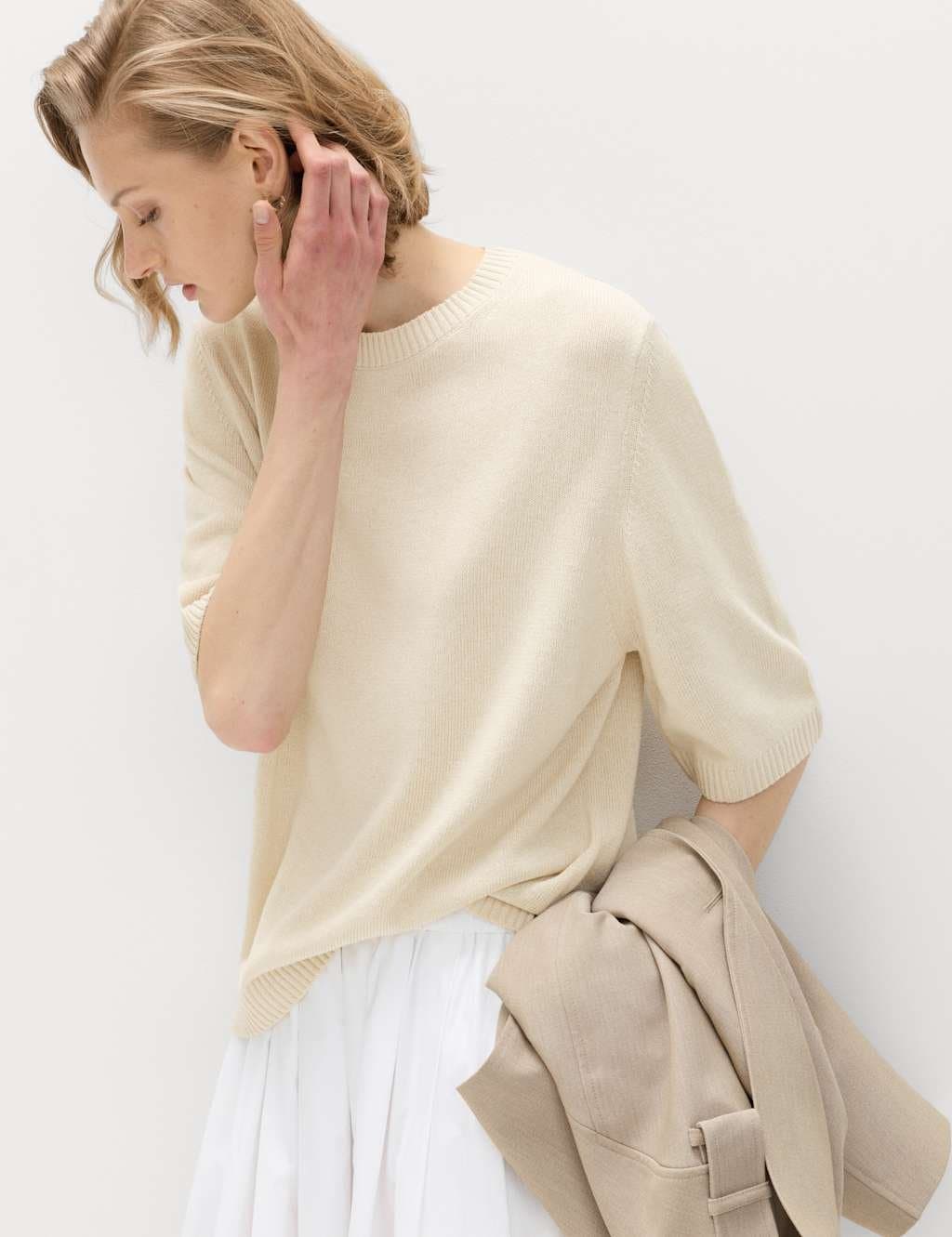 Marks & Spencer M&S Beige Synthetic Linen Knit Top