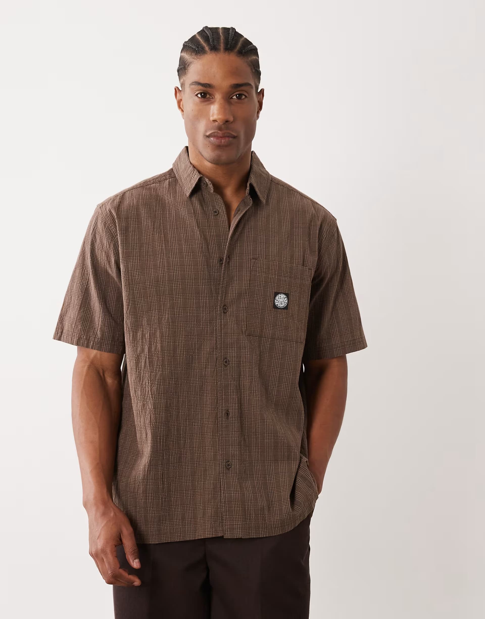 ASOS Rip Curl short sleeve check shirt in brown