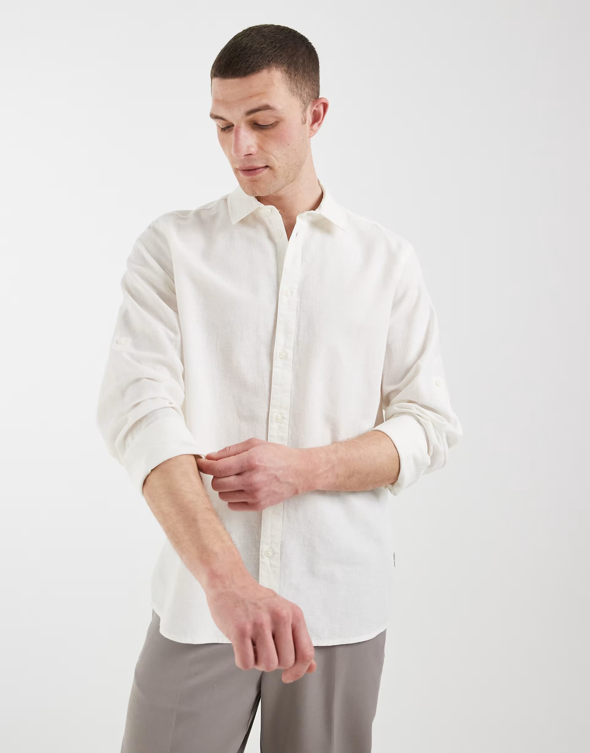 ASOS BLEND cotton-linen regular fit long sleeve shirt in white