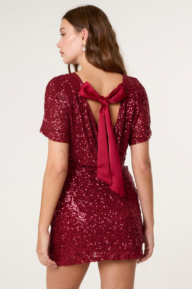 Blue Vanilla Blue Vanilla Women's Red Satin Bow Back Sequin Dress - 2