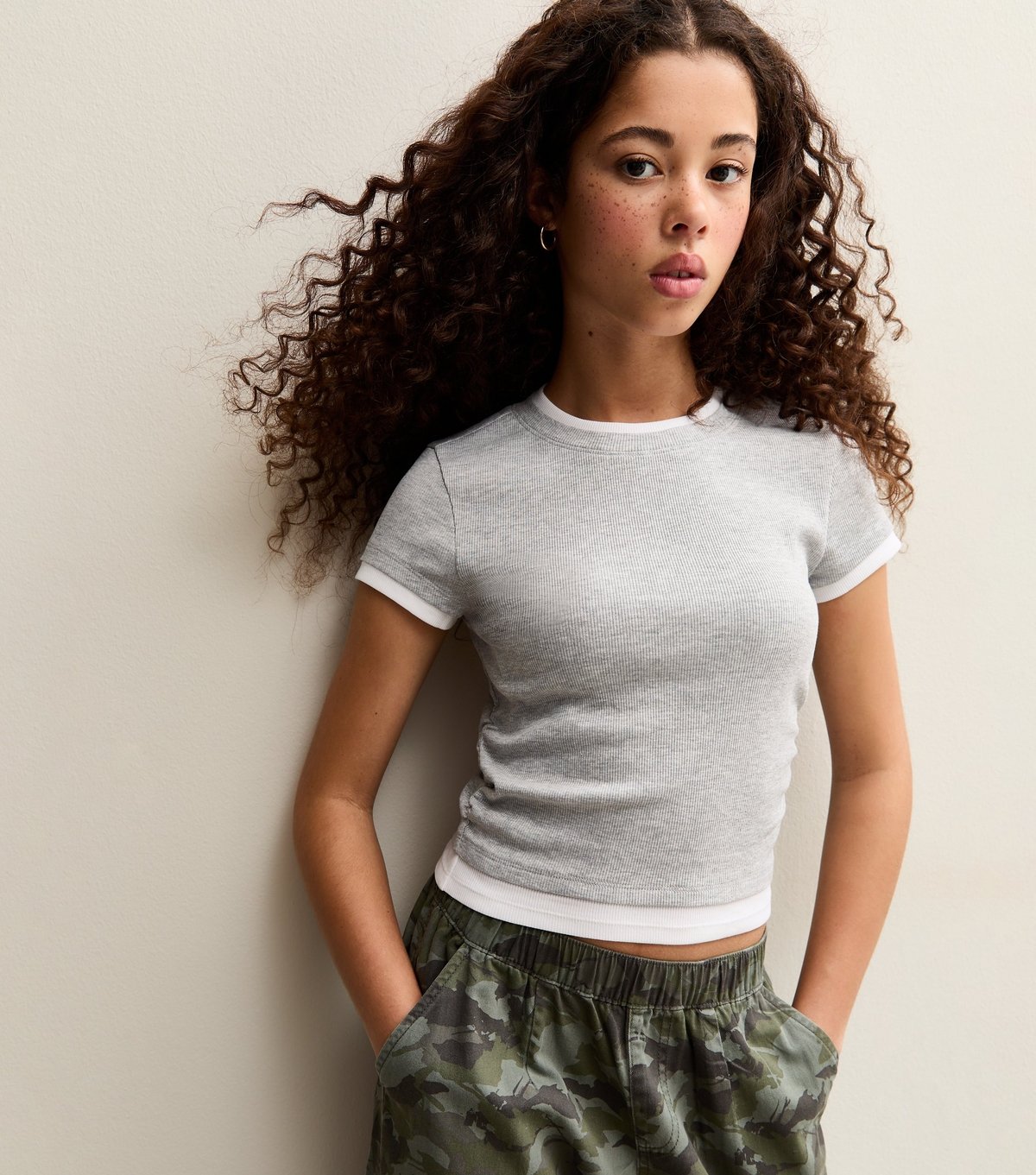 New Look Girls' Light Grey 2 in 1 Ribbed Ruched Side Top New Look - 2