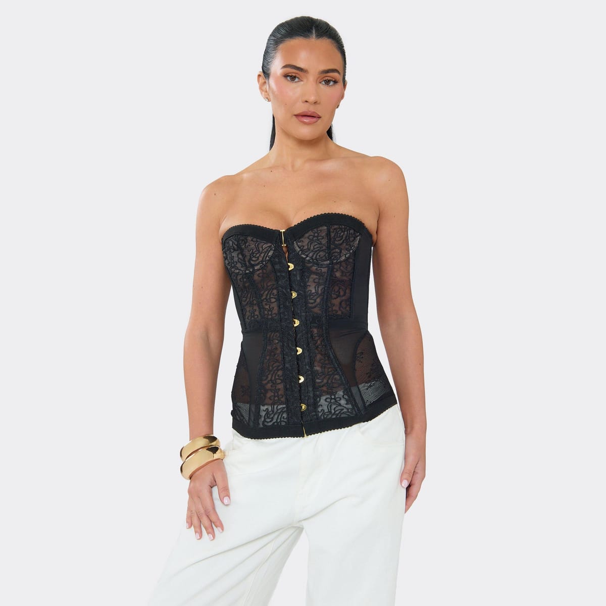 EGO Bandeau Corset Top In Black Lace, Women's Size UK L - 1