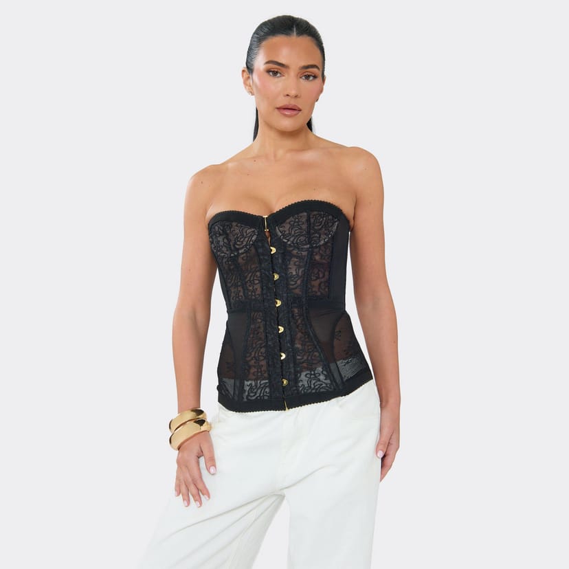 EGO Bandeau Corset Top In Black Lace, Women's Size UK L - 1