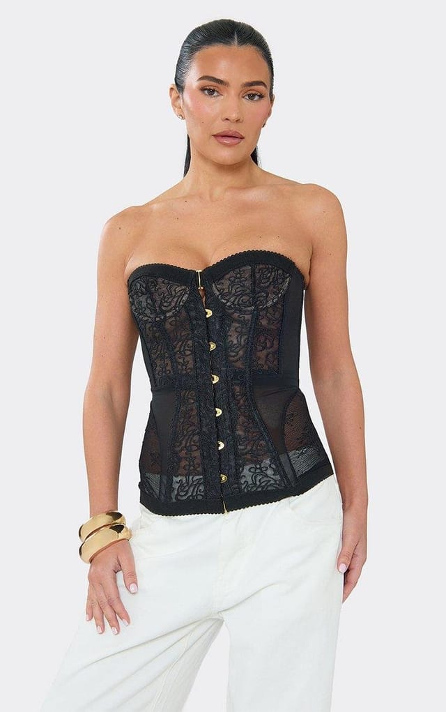 EGO Bandeau Corset Top In Black Lace, Women's Size UK L - 2