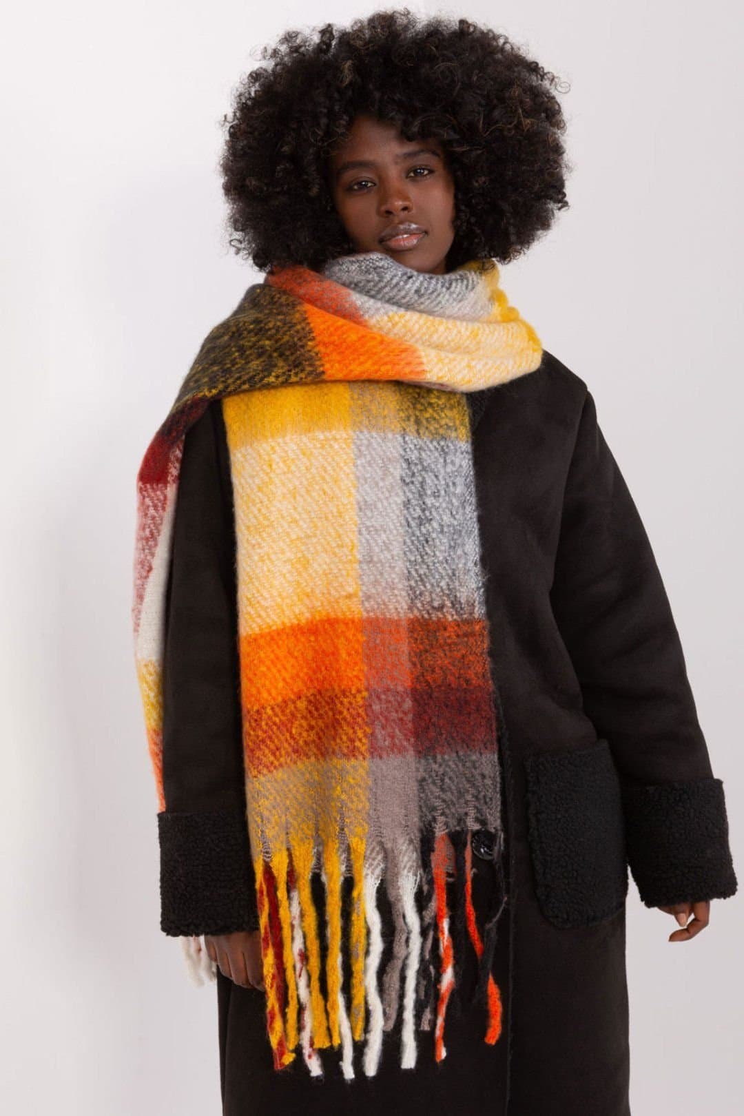 Love Lace Love Lace Women's Colorful Plaid Polyester Scarf with Tassels for Fall Winter in Orange