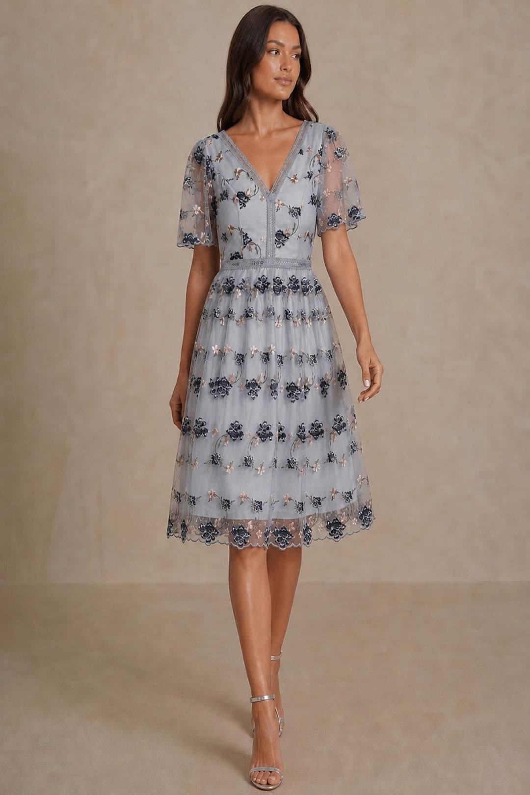chi chi london Chi Chi London Women's V Neck Floral Embroidered Lace Midi Dress in Blue
