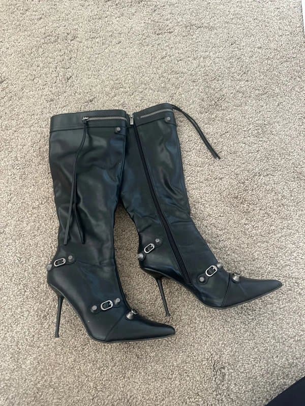 PrettyLittleThing PLT black leather stuffed knee high biker stilleto boots