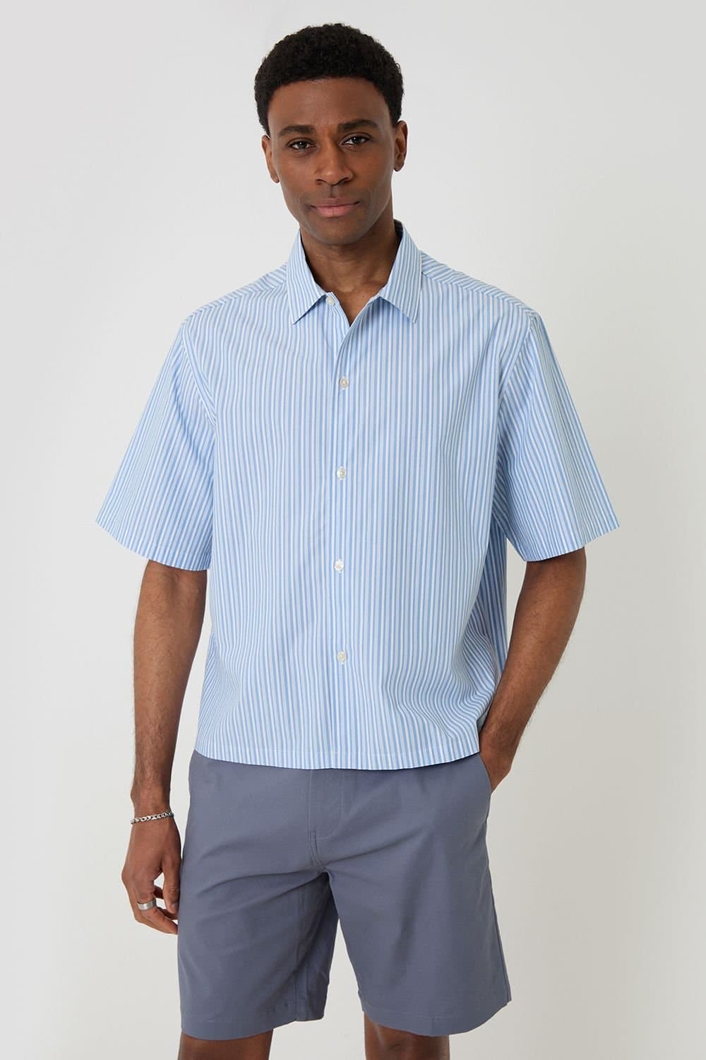 Threadbare Threadbare Men's Stripe Boxy Fit Cotton Short Sleeve Shirt in Blue