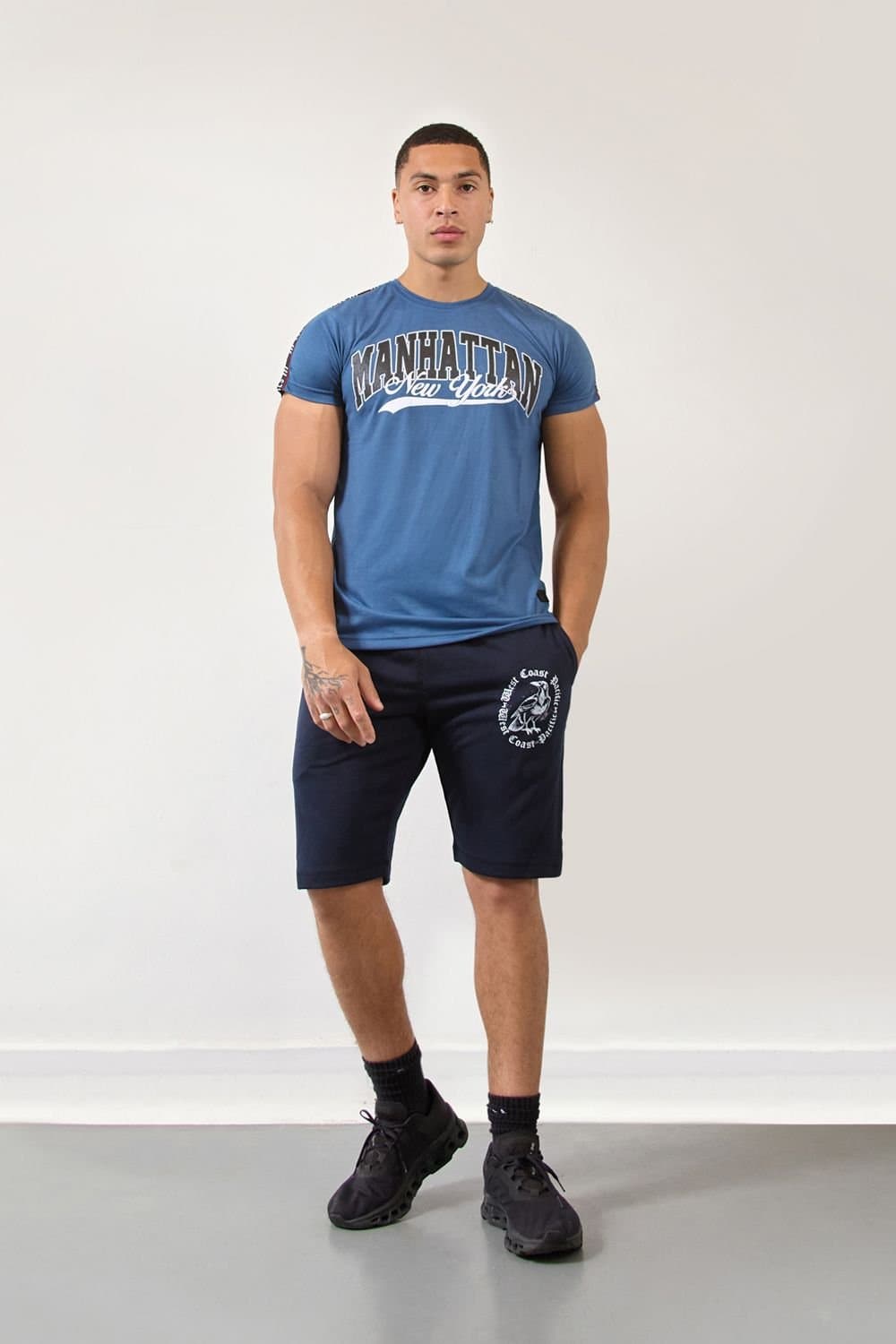 LONDON ATTITUDE LONDON ATTITUDE Men's Teal Blue Manhattan Regular Fit T-Shirt with Logo Tape Detailing