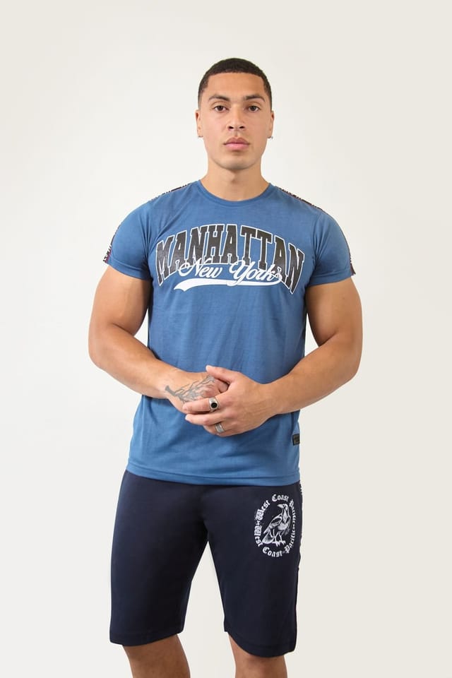 LONDON ATTITUDE LONDON ATTITUDE Men's Teal Blue Manhattan Regular Fit T-Shirt with Logo Tape Detailing - 2