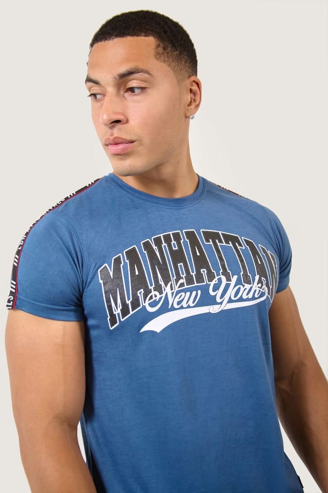 LONDON ATTITUDE LONDON ATTITUDE Men's Teal Blue Manhattan Regular Fit T-Shirt with Logo Tape Detailing - 3