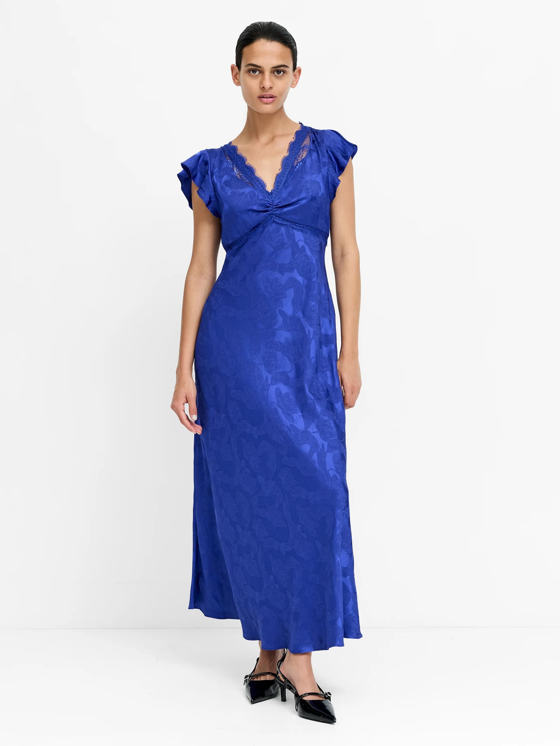 French Connection Skylar Blue Floral Satin Jacquard Lace Midi Dress Cobalt Blue