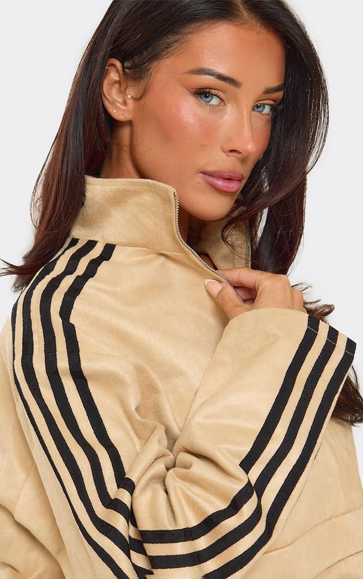 EGO Long Sleeve High Neck Contrast Side Stripe Jacket In Taupe Faux Suede, Women's Size UK 6