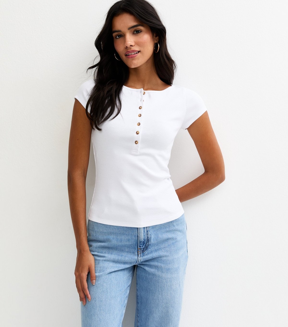 New Look Women's White Ribbed Jersey Button Placket Top New Look - 2