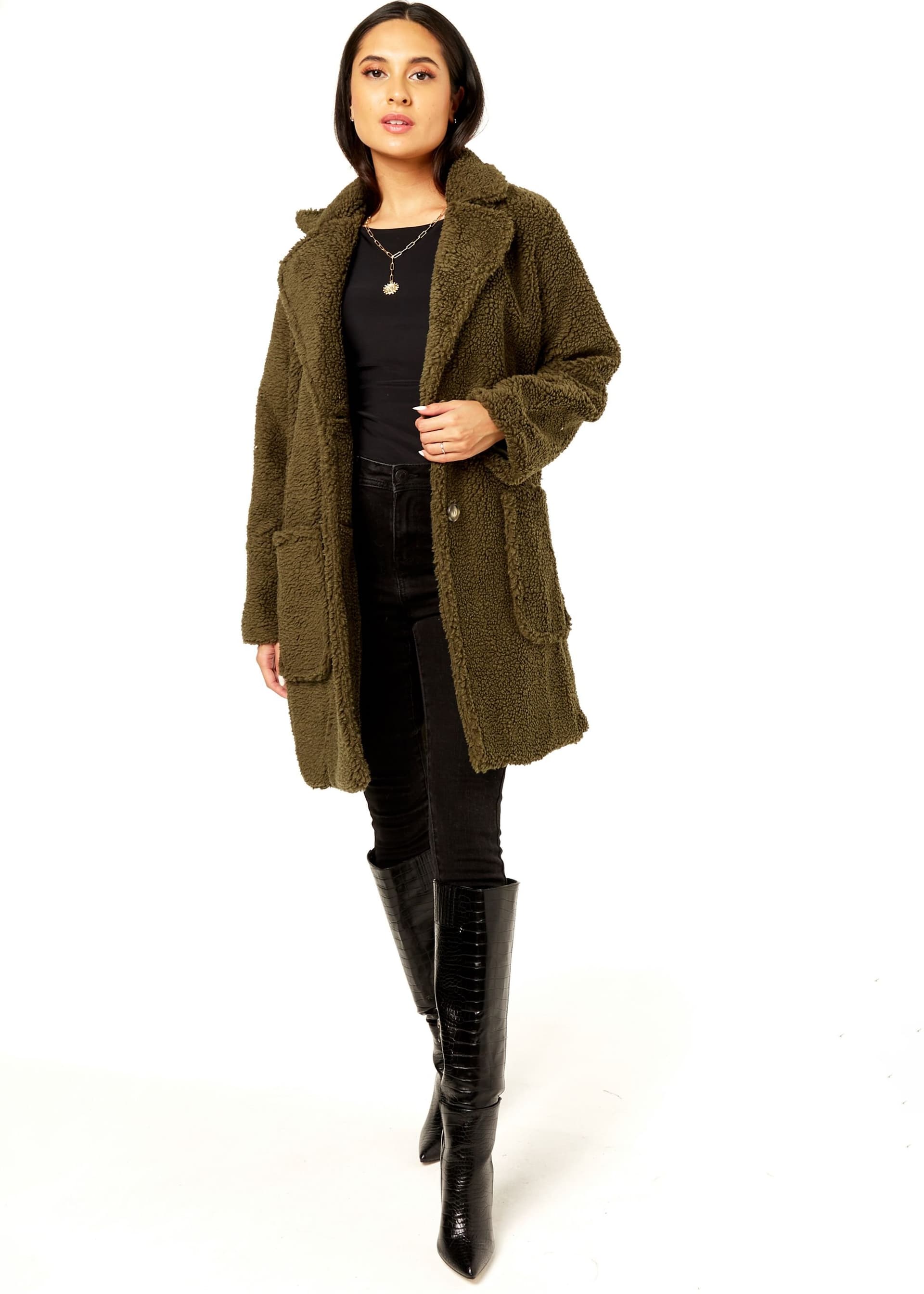 Gini London Gini London Women's Khaki Faux Fur Longline Teddy Overcoat