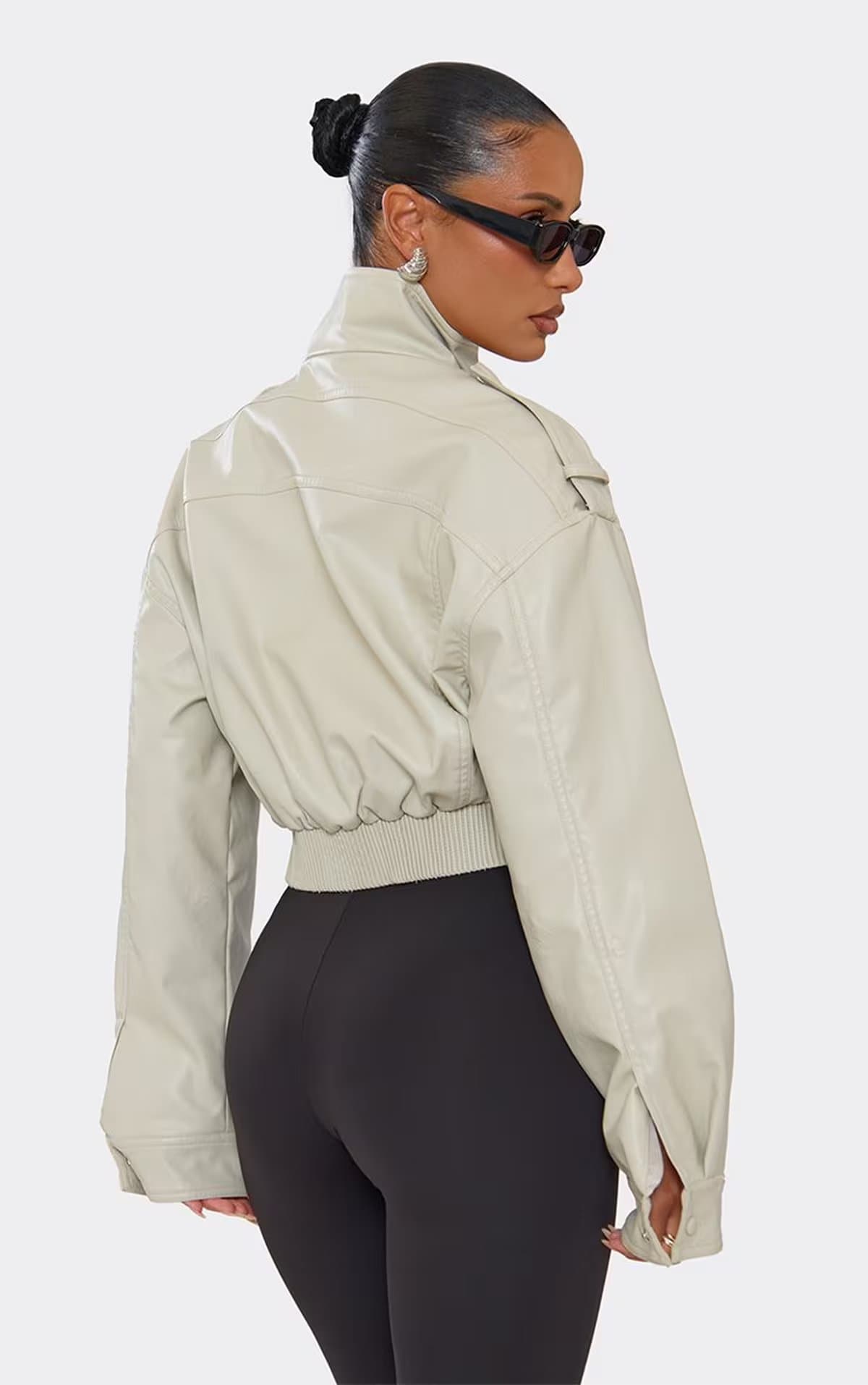 EGO Funnel Neck Pocket Detail Cropped Jacket In Stone Faux Leather., Women's Size UK 6