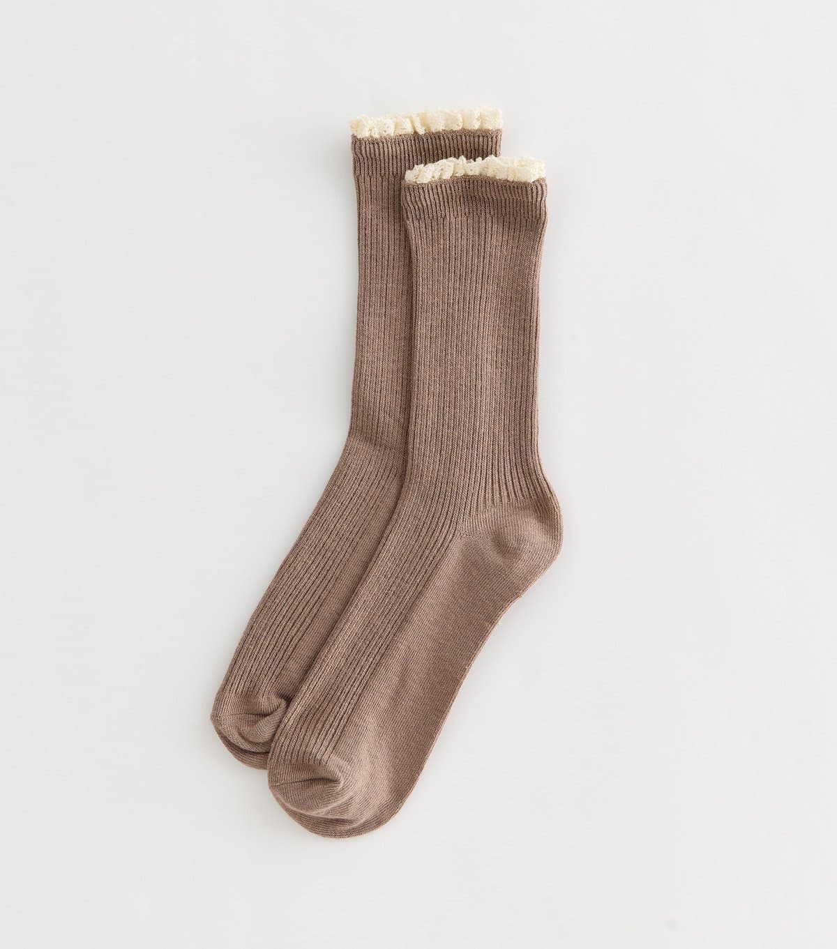 New Look New Look Mink Ribbed Crochet Frill Ankle Socks