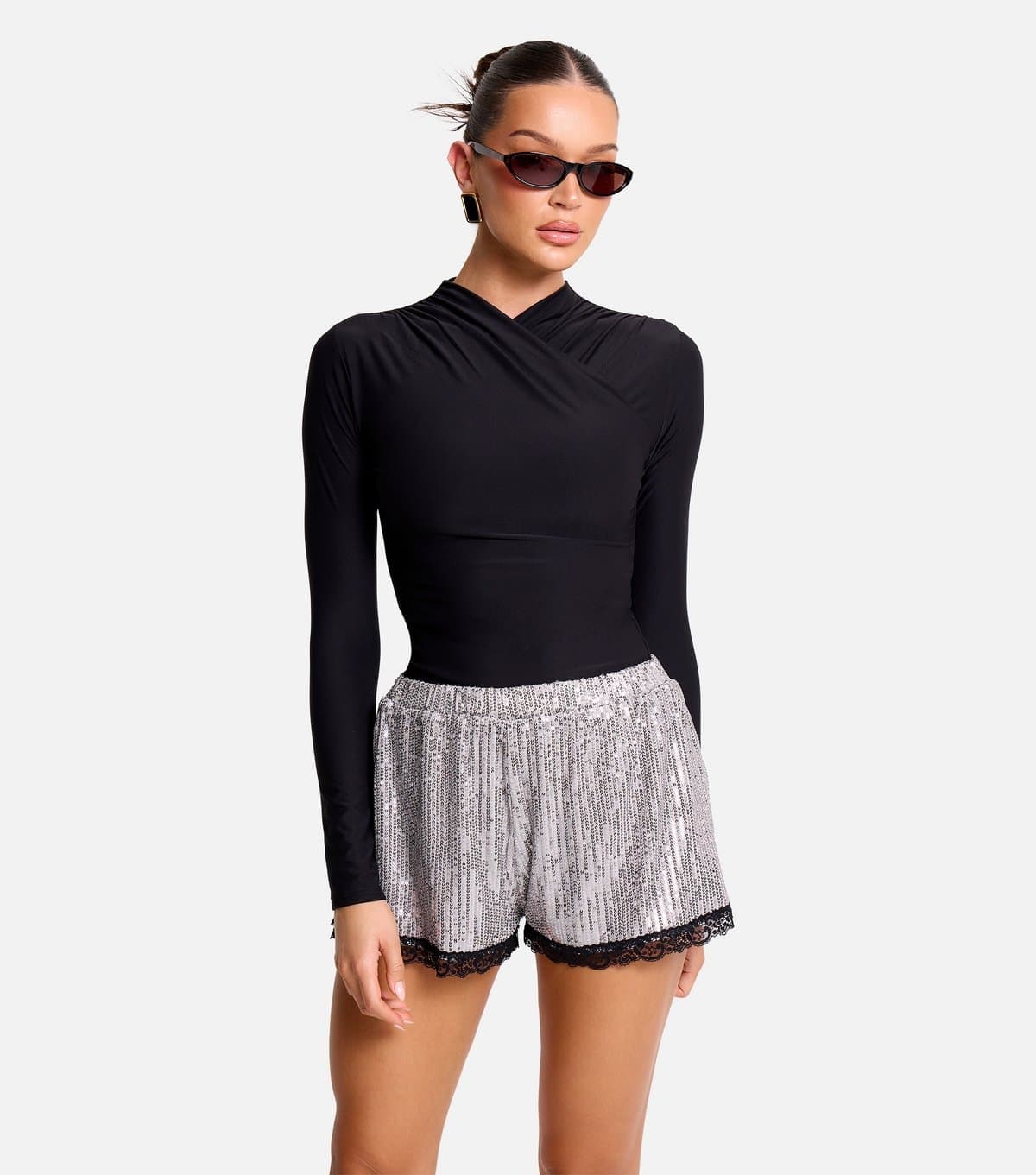 Public Desire Women's Black Lace Hem Sequin Shorts Public Desire New Look