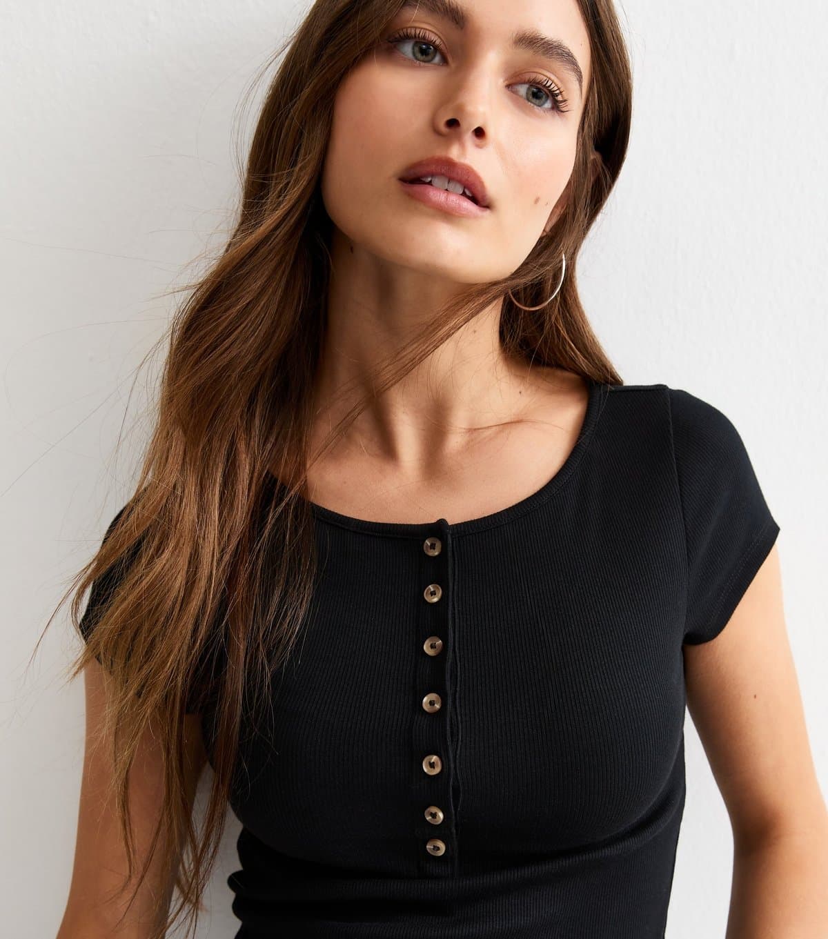 New Look Women's Black Ribbed Jersey Button Placket Top New Look