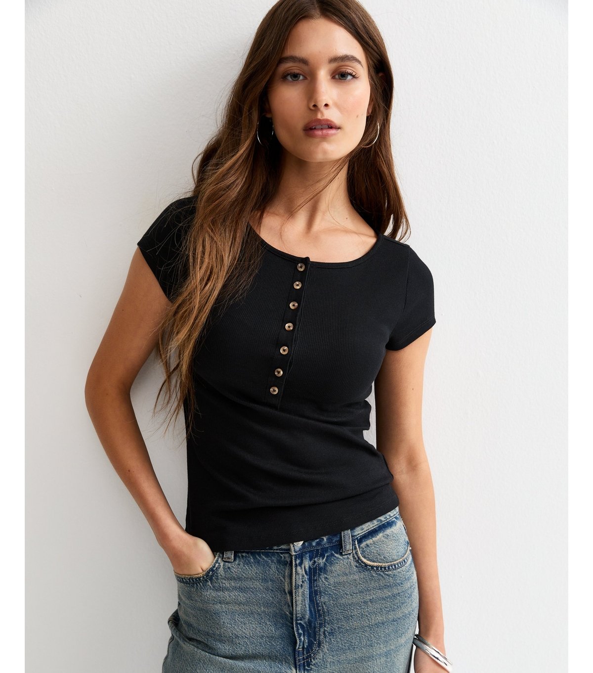New Look Women's Black Ribbed Jersey Button Placket Top New Look - 2