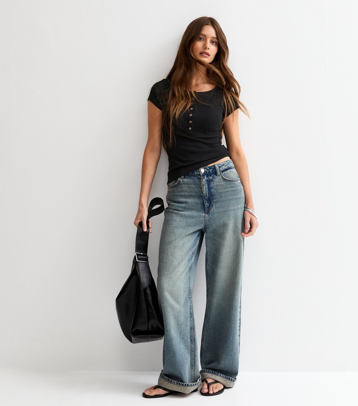 New Look Women's Black Ribbed Jersey Button Placket Top New Look - 3