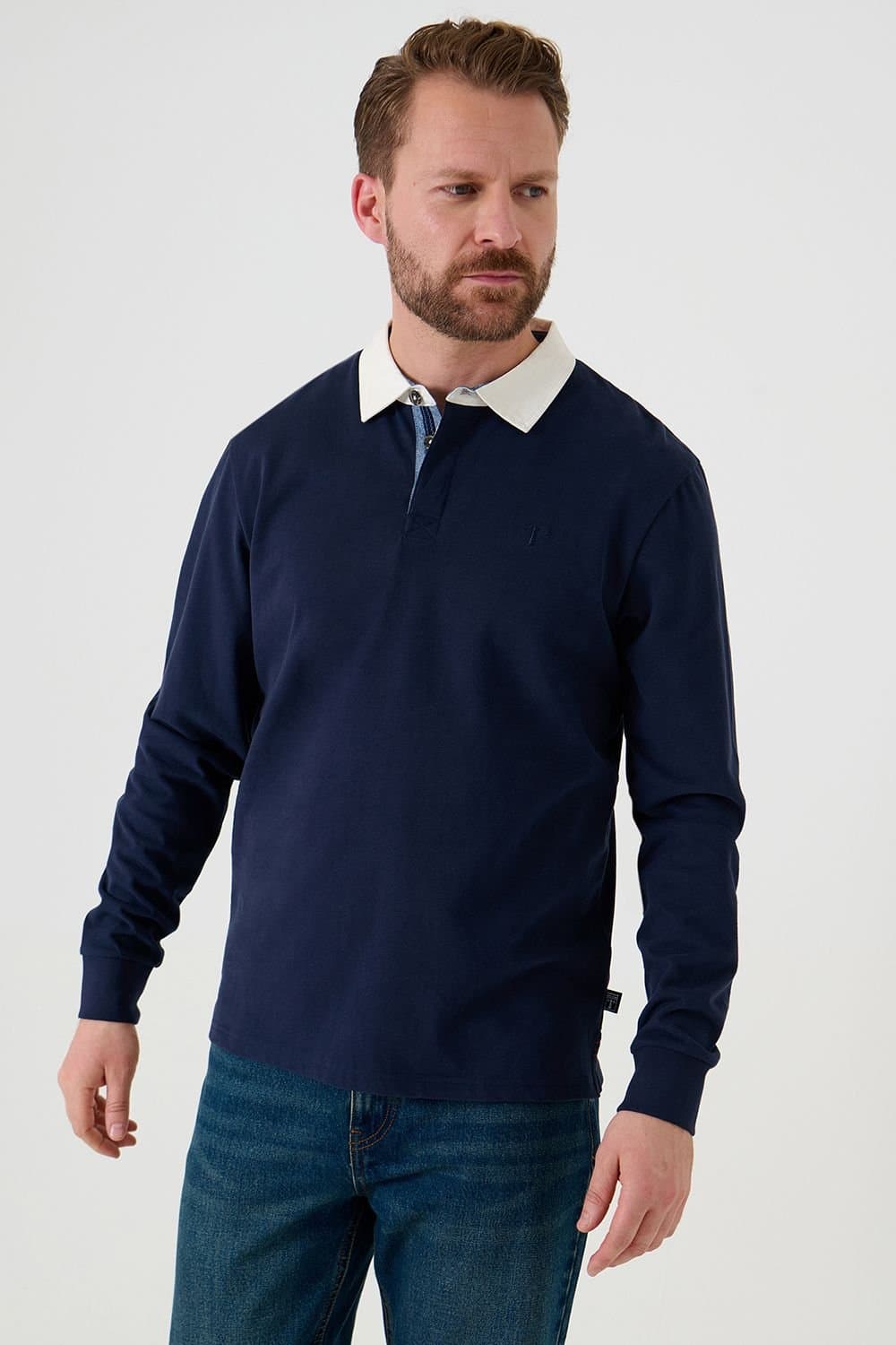 Saltwell Saltwell Men's Contrast Collar Cotton Long Sleeve Polo Shirt in Indigo