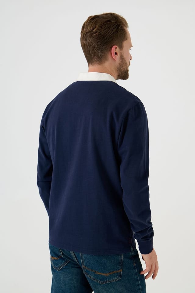 Saltwell Saltwell Men's Contrast Collar Cotton Long Sleeve Polo Shirt in Indigo - 2