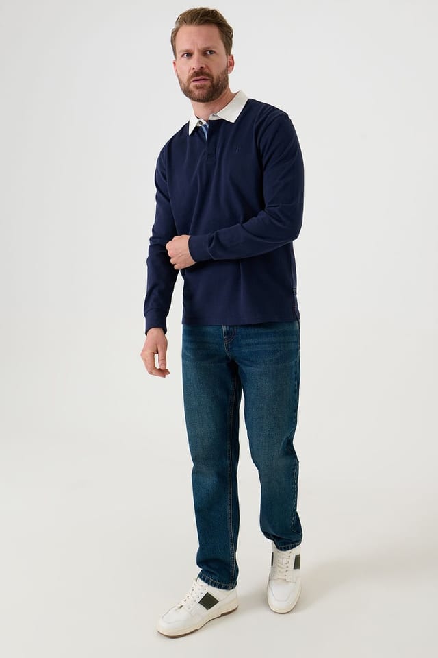 Saltwell Saltwell Men's Contrast Collar Cotton Long Sleeve Polo Shirt in Indigo - 3