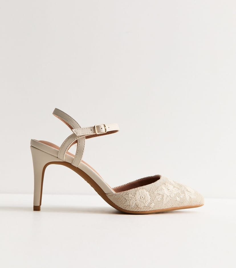 New Look Women's Off White Floral Embroidered Stiletto Court Shoes Vegan New Look - 1
