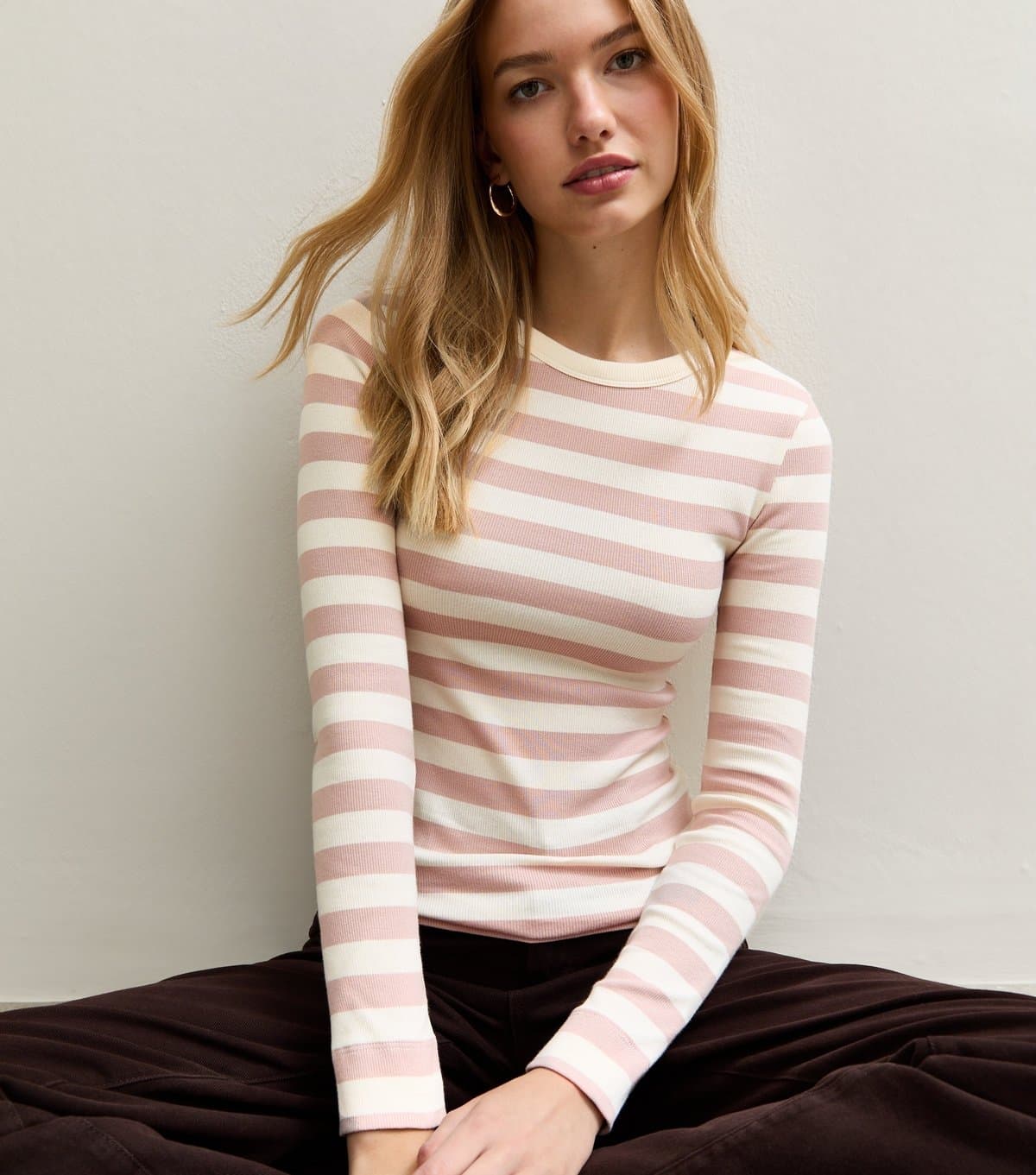 New Look New Look Cream/Pink Striped Ribbed Crew Neck Top
