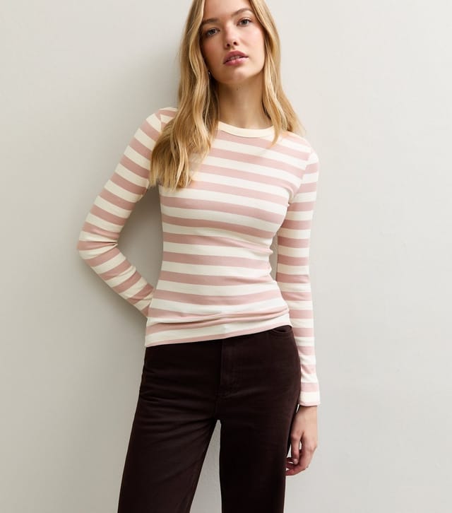 New Look Women's Cream Striped Long Sleeve Ribbed Crew Neck Top New Look - 2