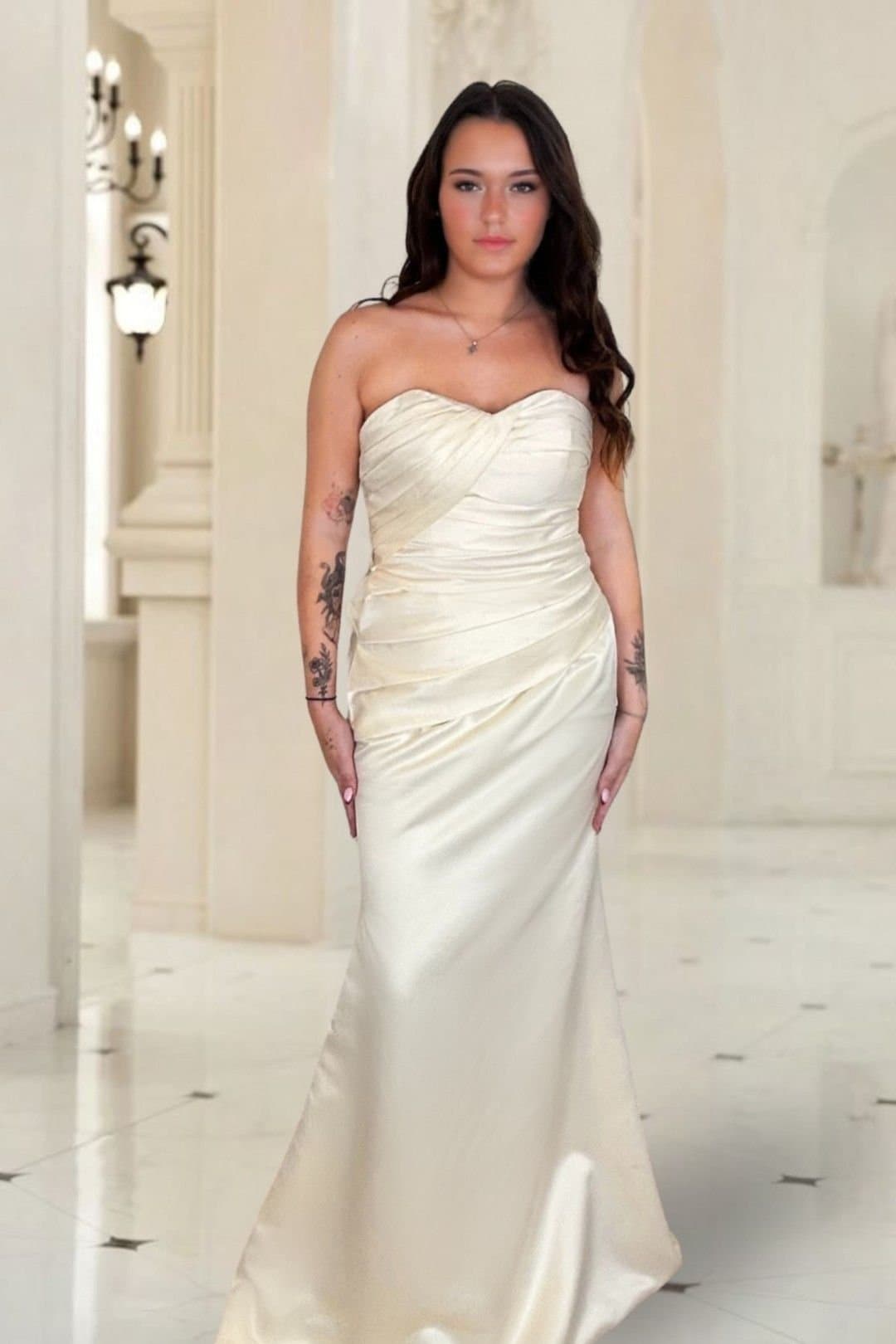 Marco Paul Marco Paul Women's Champagne Satin Mermaid Fitted Strapless Bridesmaid Dress in Cream