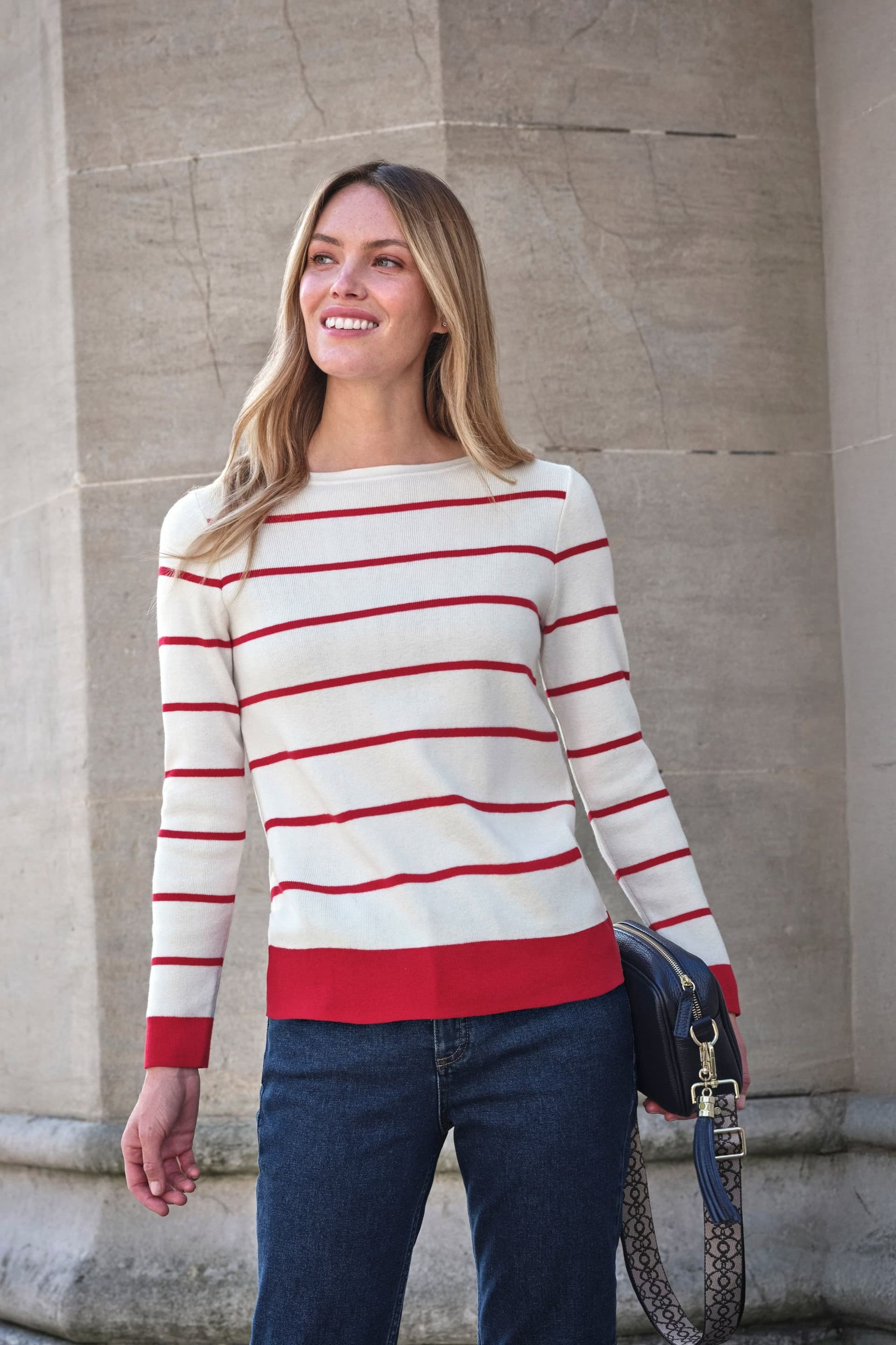 Pure Collection Pure Collection Women's Cotton Wool Striped Boat Neck Jumper