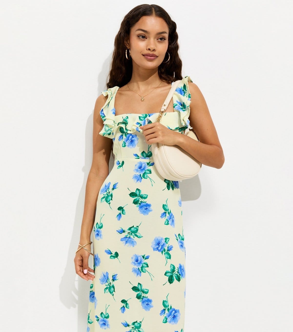 New Look Petite Cream Floral Ruffled Square Neck Midi Dress