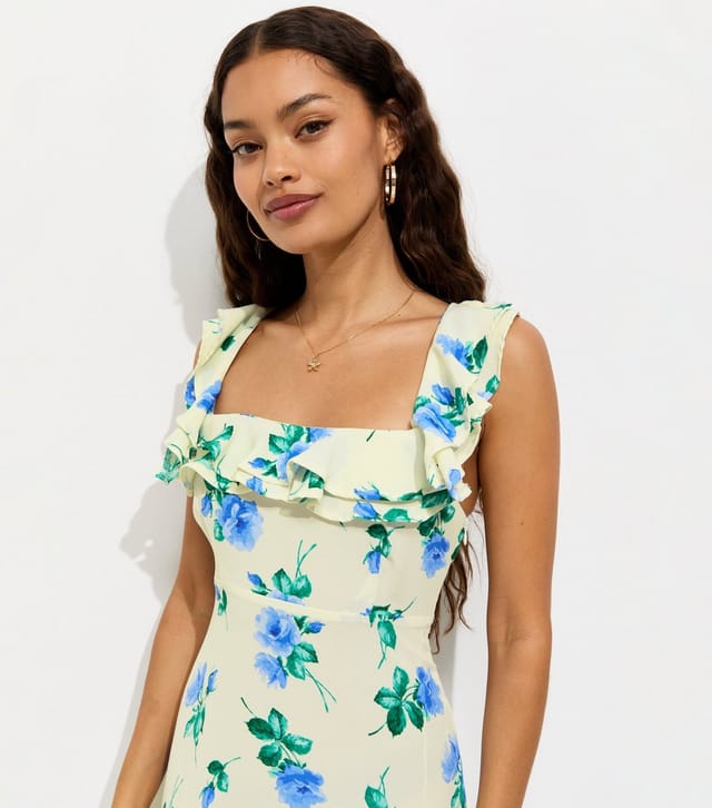 New Look Women's Petite Cream Floral Ruffled Square Neck Midi Dress New Look - 2