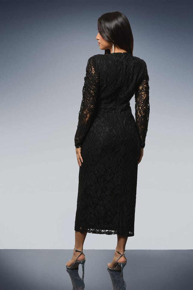 Dorothy Perkins Dorothy Perkins Women's Petite DP Luxe Scoop Neck Lace Pencil Dress in Black - 3