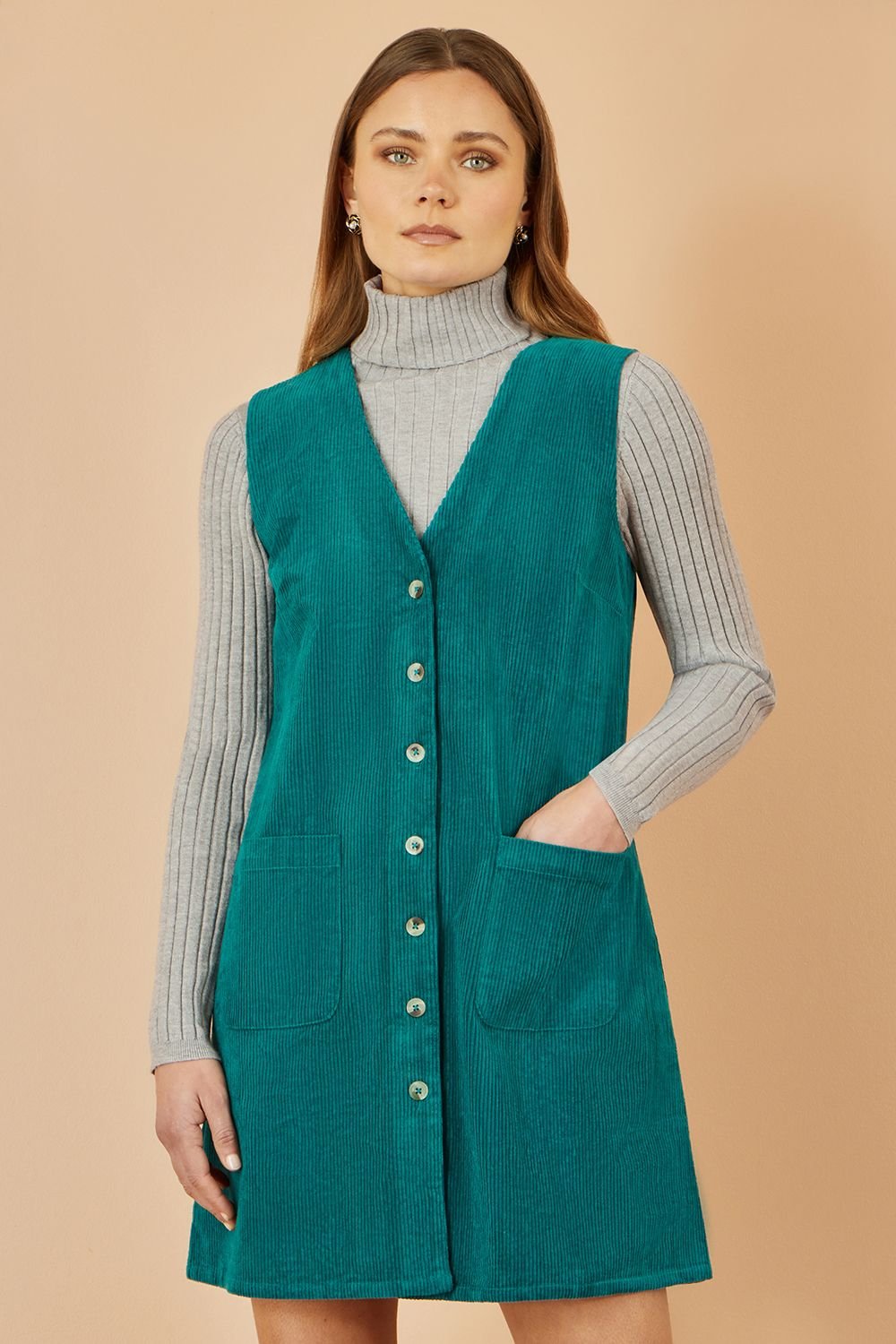 Yumi Yumi Women's Teal Cord Button Through Pinafore Dress With Pockets - 2