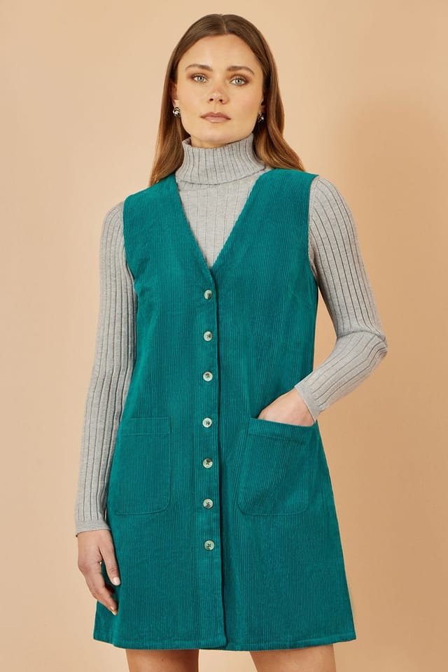 Yumi Yumi Women's Teal Cord Button Through Pinafore Dress With Pockets - 2