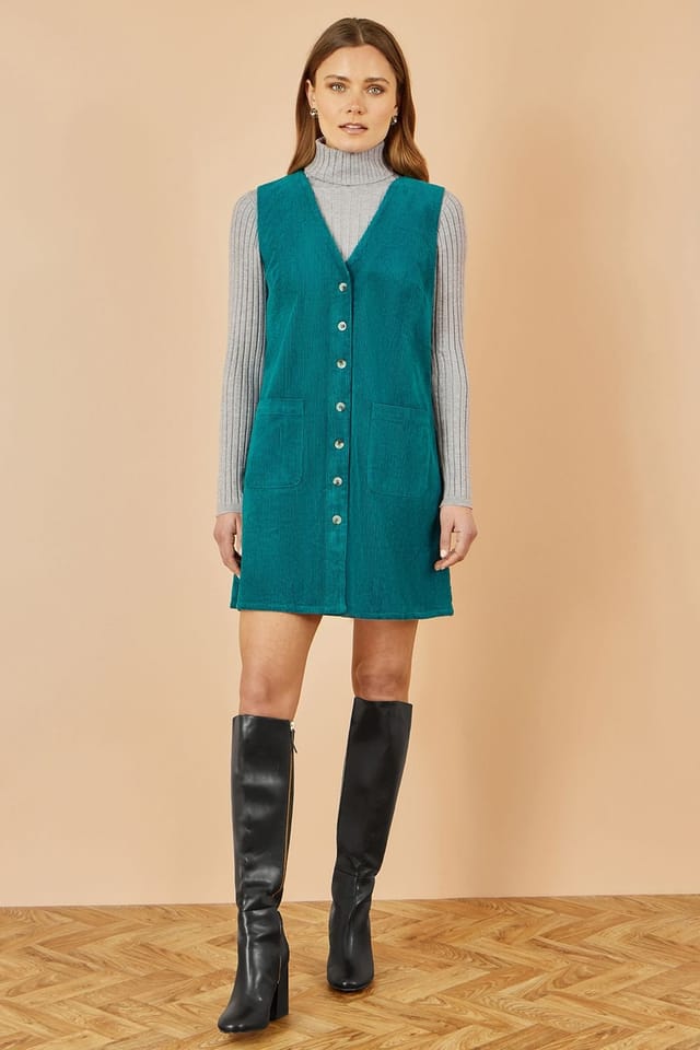 Yumi Yumi Women's Teal Cord Button Through Pinafore Dress With Pockets - 3