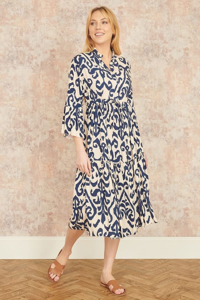Yumi Yumi Women's Navy Block Print Kaftan in Ivory - 3