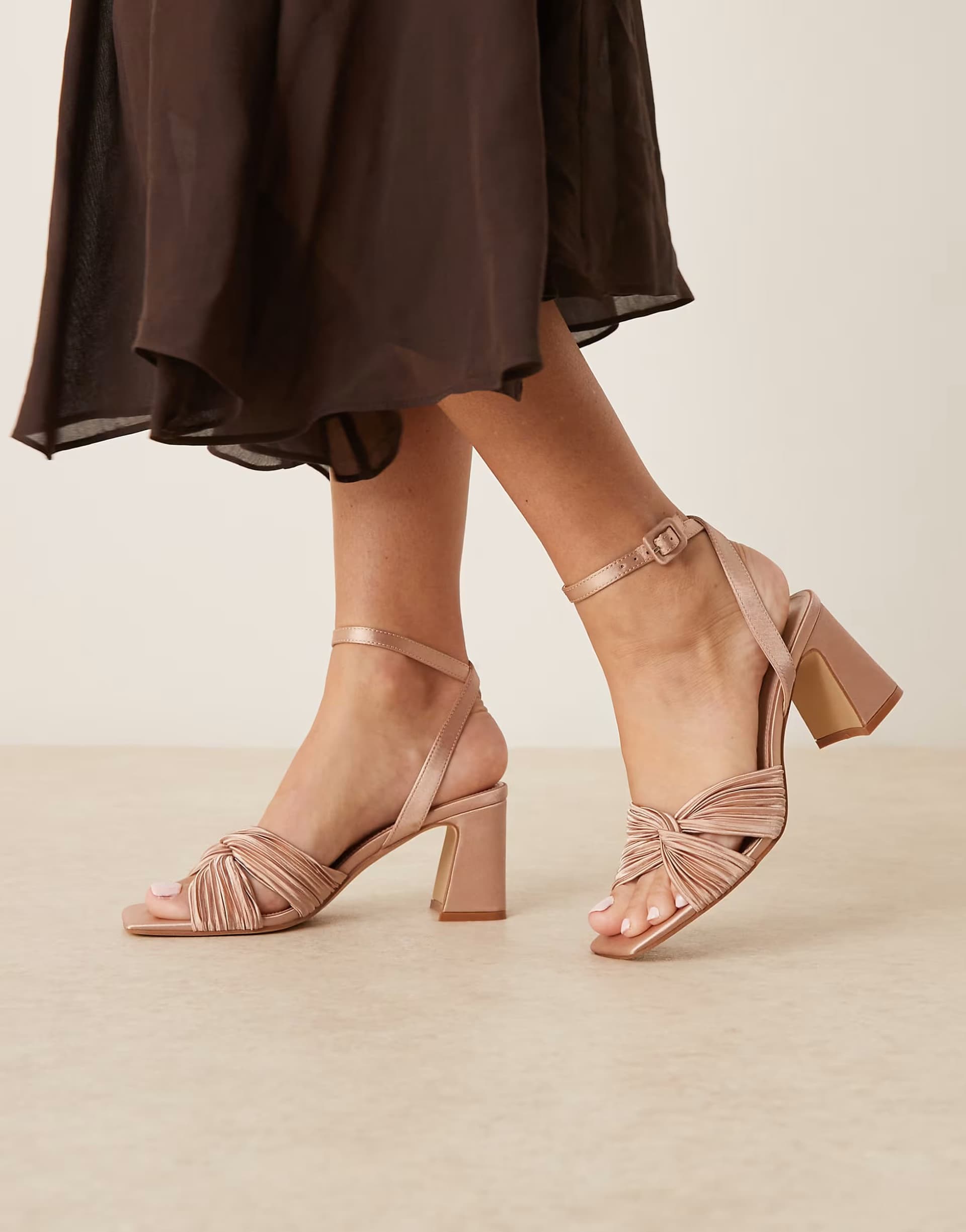 ASOS Be Mine Bridal Divaa plisse block heeled sandals in blush satin