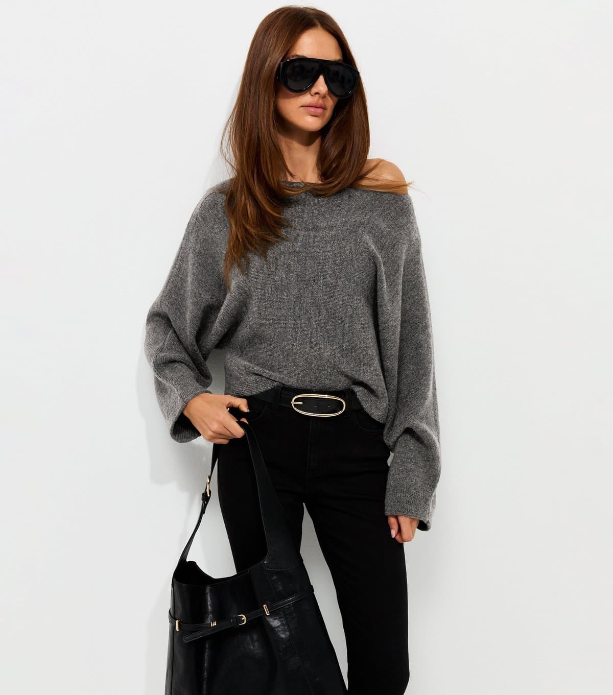 New Look Women's Dark Grey Slash Neck Batwing Sleeve Jumper New Look