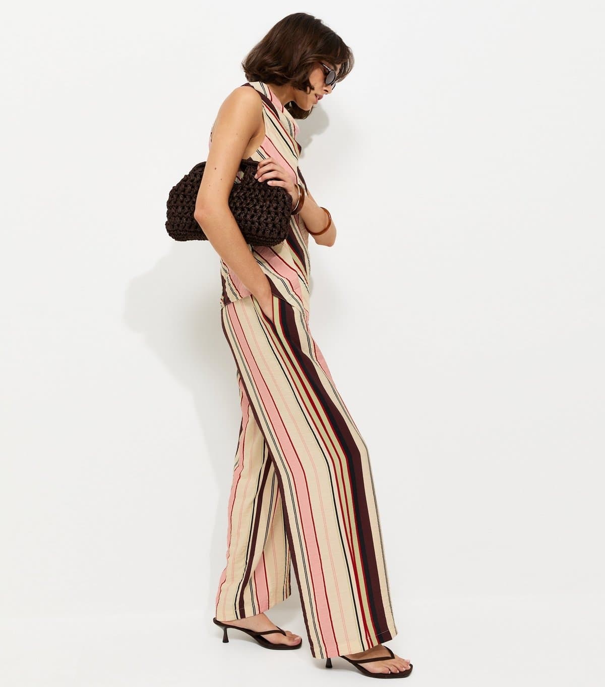 New Look Women's Cream Striped Drawstring Wide Leg Trousers New Look