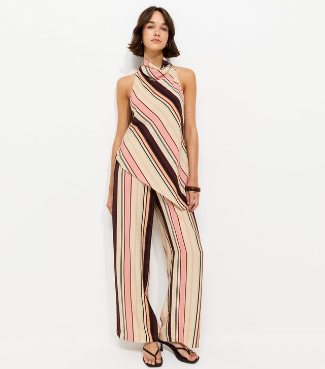 New Look Women's Cream Striped Drawstring Wide Leg Trousers New Look - 3