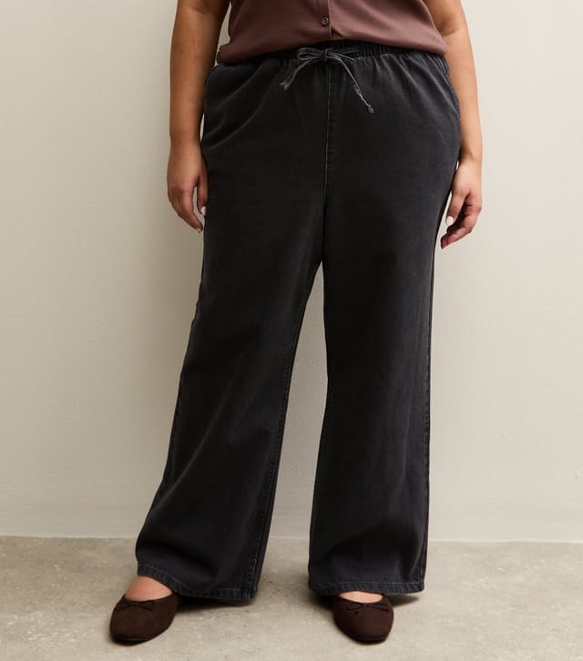 New Look Women's Plus Size Black Drawstring Waist Pull On Wide Leg Jeans Curves New Look - 2