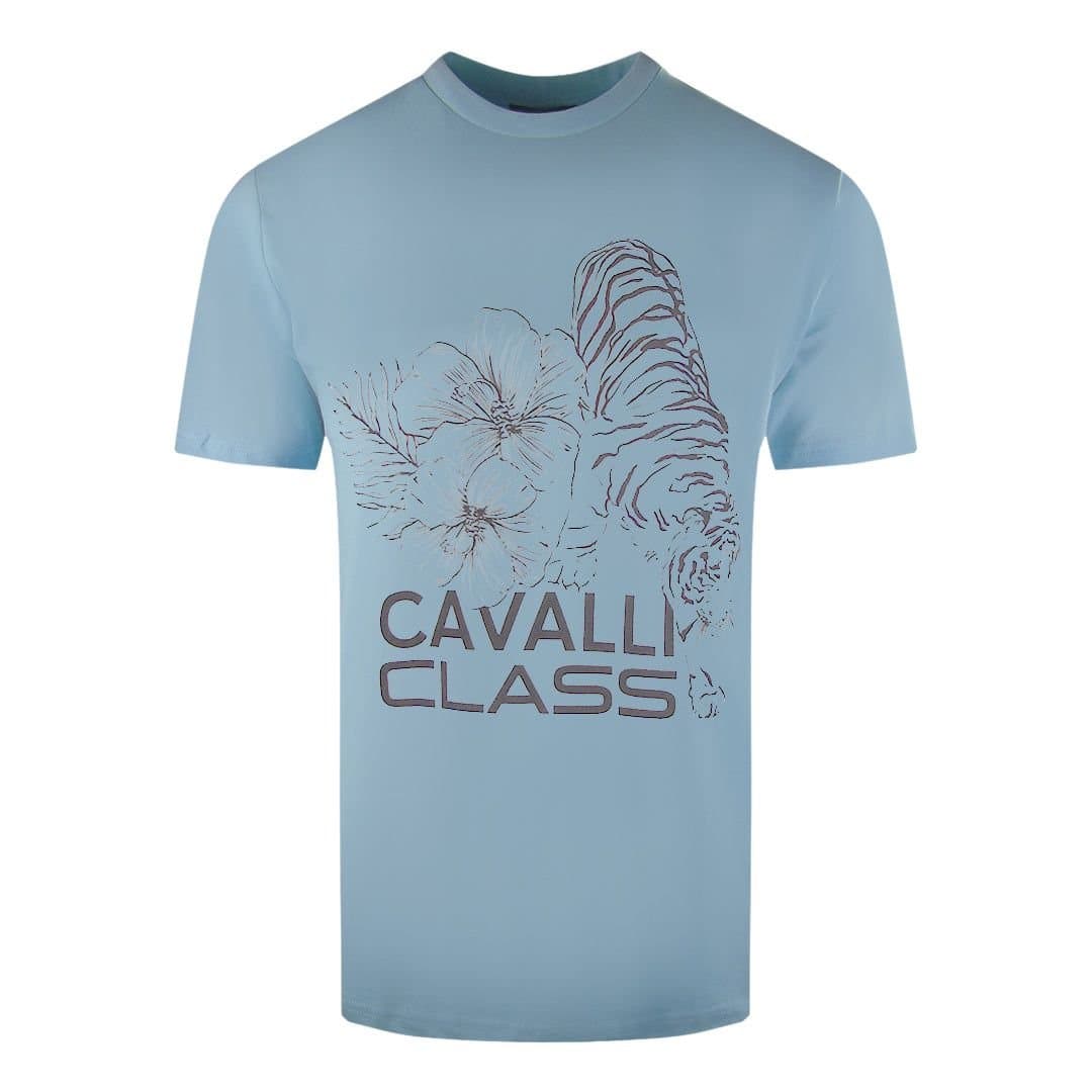 Cavalli Class Cavalli Class Men's Floral Tiger Design Light Blue T-Shirt