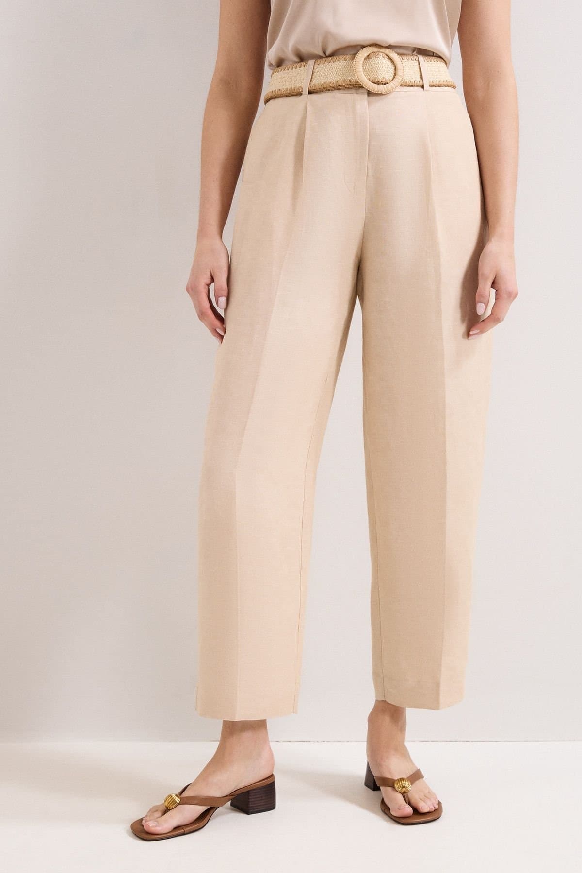 Phase Eight Phase Eight Light Beige Linen High-Waist Trousers