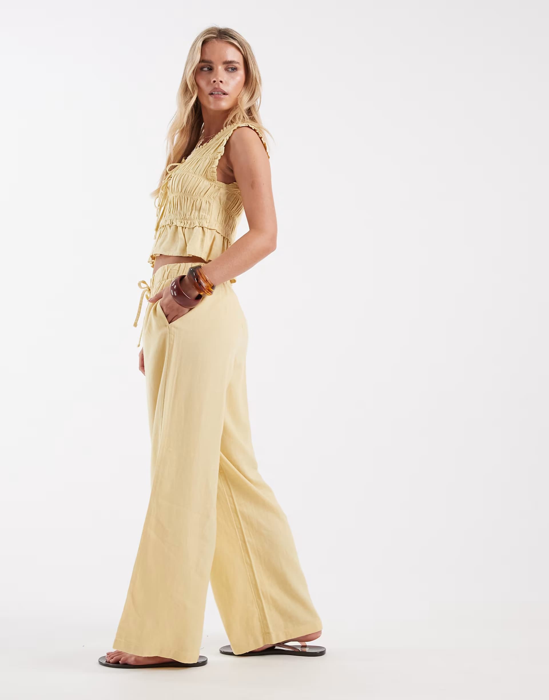 ASOS ONLY Petite linen blend tie front ruched top &  linen blend pull on trousers co-ord in pale yellow