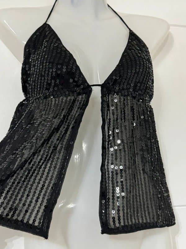 Bershka Backless Black Embellished Open Front Halter Neck Top, Bershka Size M
